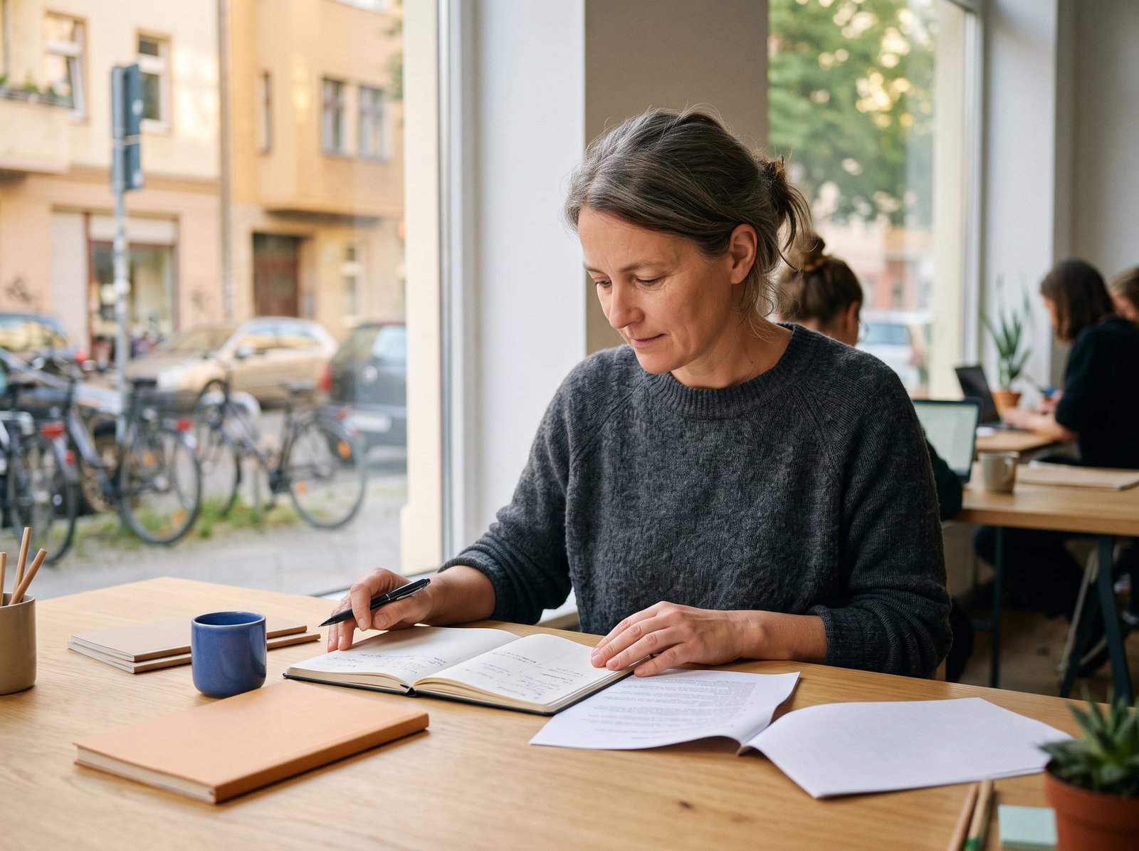 Eine Gründerin ordnet Unterlagen und macht Notizen an einem Arbeitstisch.