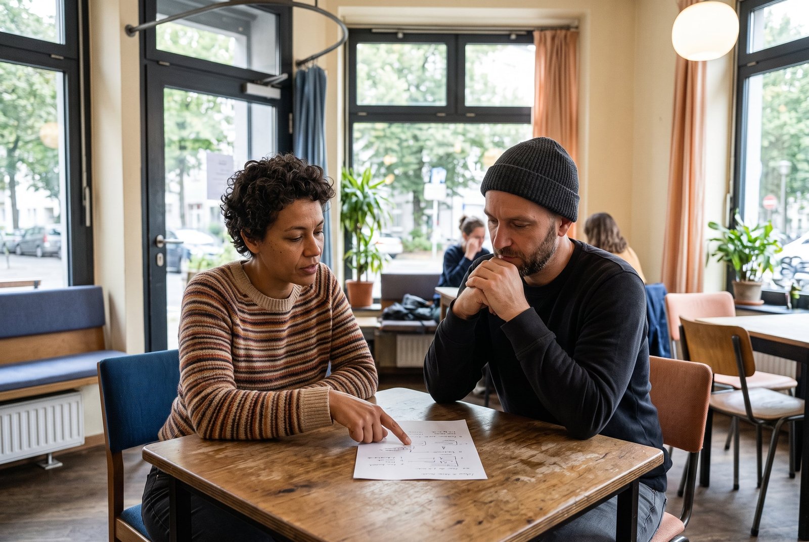 Zwei Erwachsene besprechen eine Konzeptskizze in einem Café.